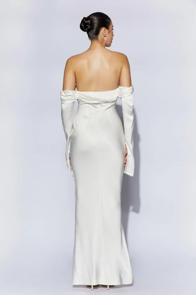 Women Meshki Dresses Giselle Off Shoulder Cowl Neck Maxi Dress 8211 White