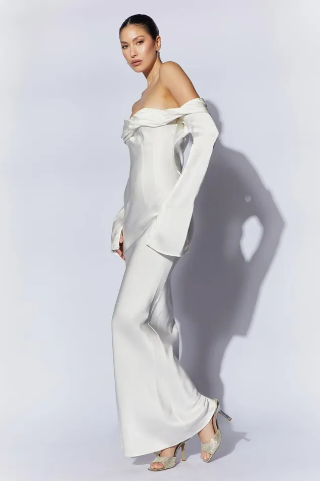 Women Meshki Dresses Giselle Off Shoulder Cowl Neck Maxi Dress 8211 White