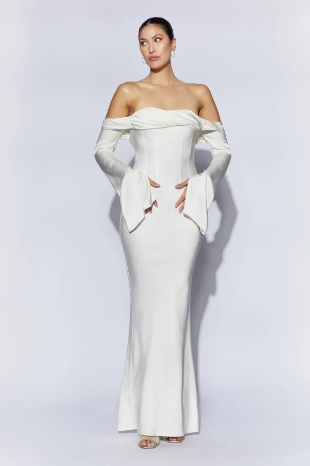 Women Meshki Dresses Giselle Off Shoulder Cowl Neck Maxi Dress 8211 White
