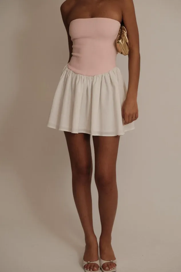 Women Meshki Dresses Hannah Knit And Linen Mini Dress 8211 Baby PinkWhite