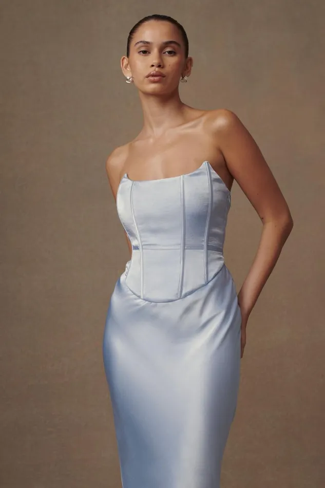 Women Meshki Dresses Harlow Satin Strapless Maxi Dress 8211 Cornflower Blue