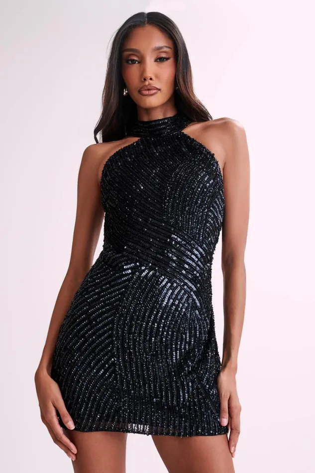Women Meshki Dresses Hattie Halter Sequin Mini Dress 8211 Black