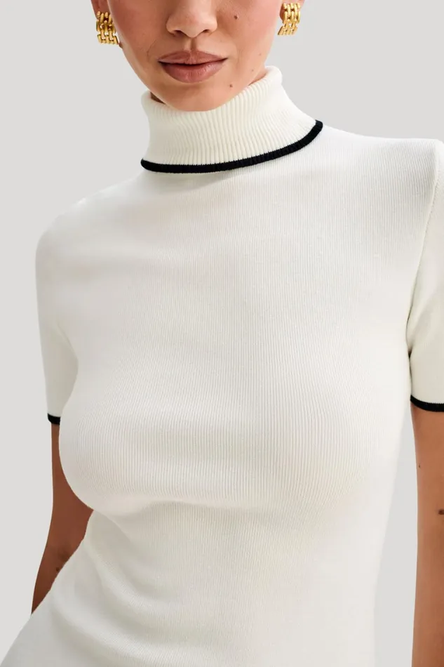 Women Meshki Dresses Hayley Turtleneck Contrast Knit Mini Dress 8211 Ivory