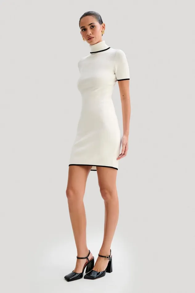 Women Meshki Dresses Hayley Turtleneck Contrast Knit Mini Dress 8211 Ivory