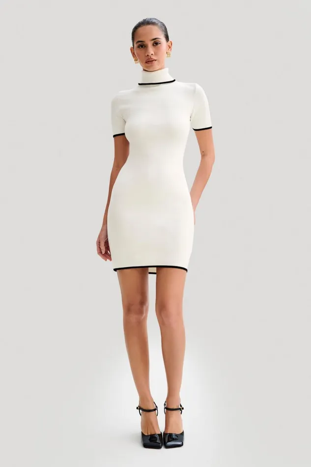 Women Meshki Dresses Hayley Turtleneck Contrast Knit Mini Dress 8211 Ivory