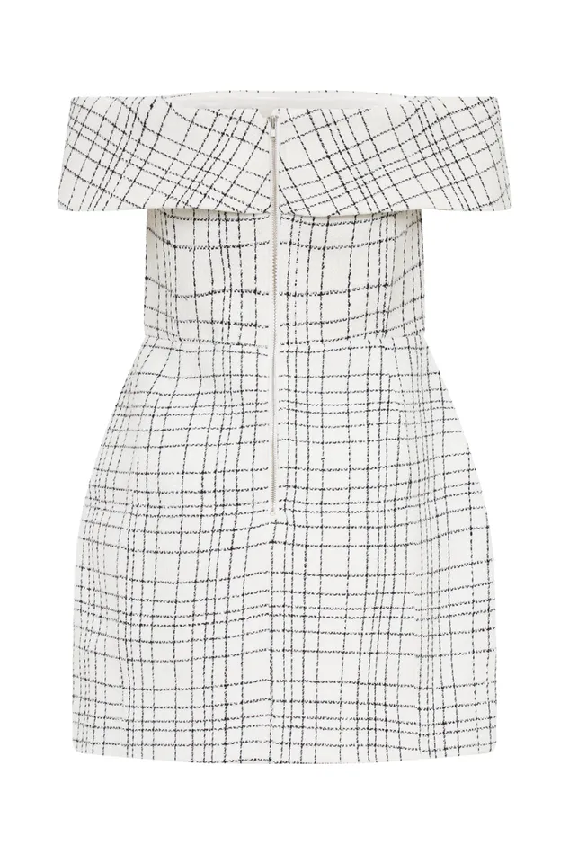 Women Meshki Dresses Helena Tweed Off Shoulder Mini Dress 8211 White Check