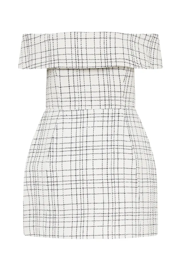 Women Meshki Dresses Helena Tweed Off Shoulder Mini Dress 8211 White Check
