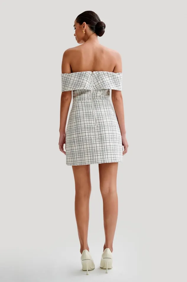Women Meshki Dresses Helena Tweed Off Shoulder Mini Dress 8211 White Check