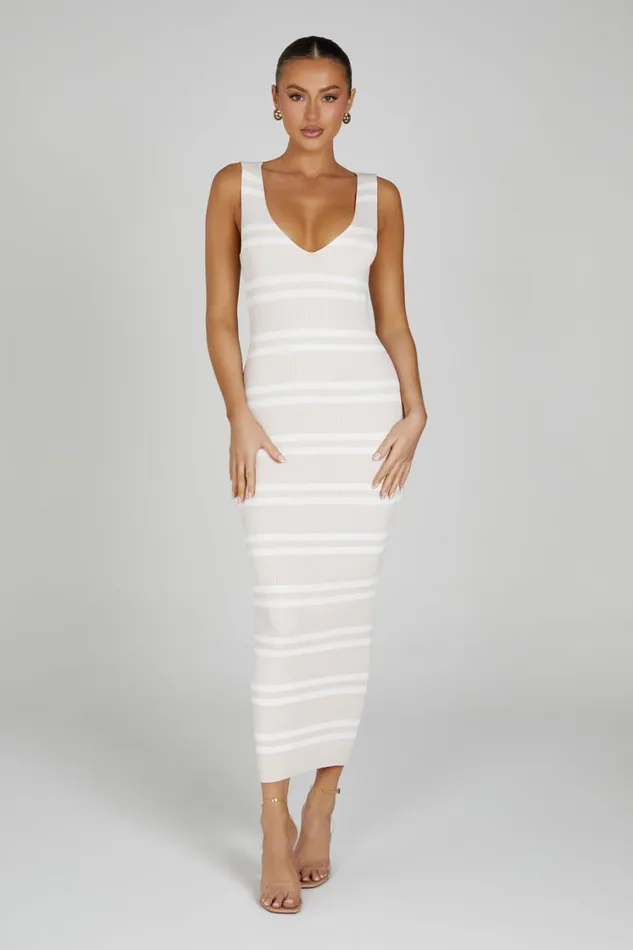 Women Meshki Dresses Henrietta Stripe Knit Maxi Dress 8211 NudeWhite