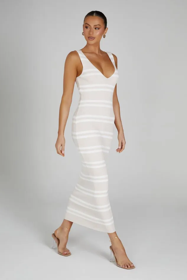 Women Meshki Dresses Henrietta Stripe Knit Maxi Dress 8211 NudeWhite