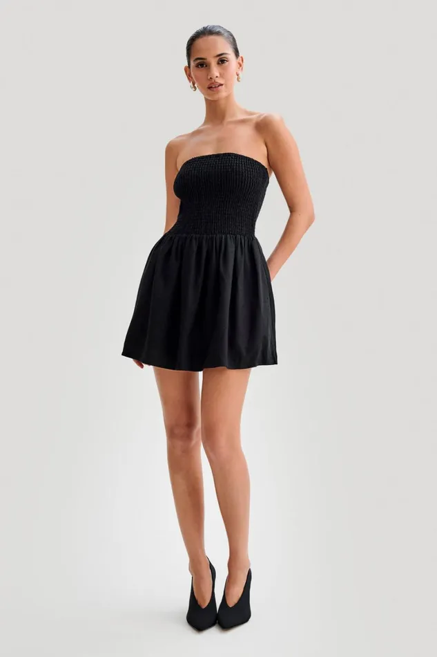 Women Meshki Dresses Holland Linen Shirring Mini Dress 8211 Black