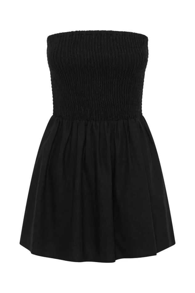 Women Meshki Dresses Holland Linen Shirring Mini Dress 8211 Black