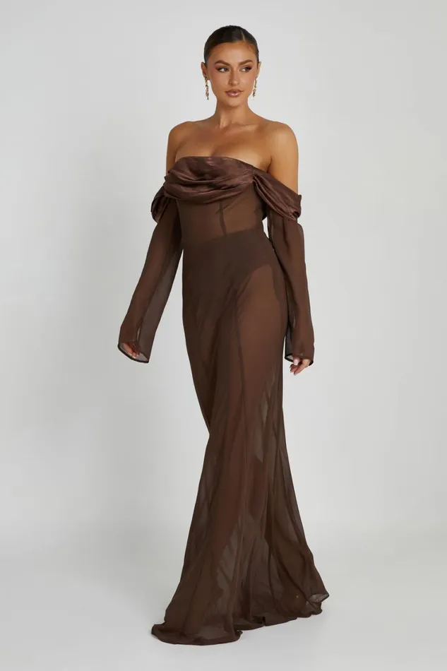 Women Meshki Dresses Ivanna Off Shoulder Chiffon Maxi Dress 8211 Mocha