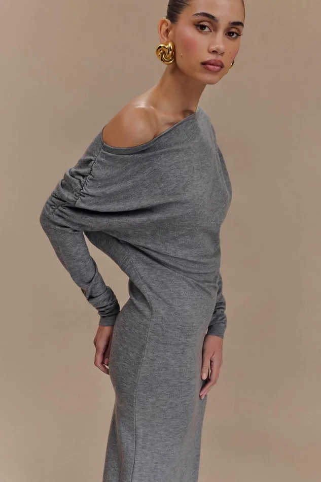Women Meshki Dresses Jessie Cowl Neck Knit Midi Dress 8211 Charcoal Marle