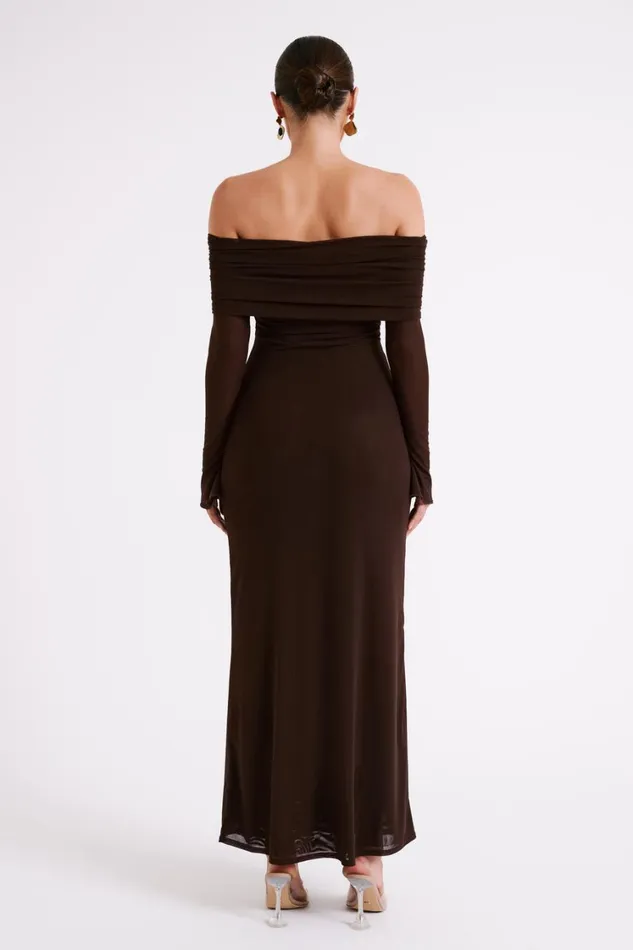 Women Meshki Dresses Josie Off Shoulder Mesh Maxi Dress 8211 Dark Brown