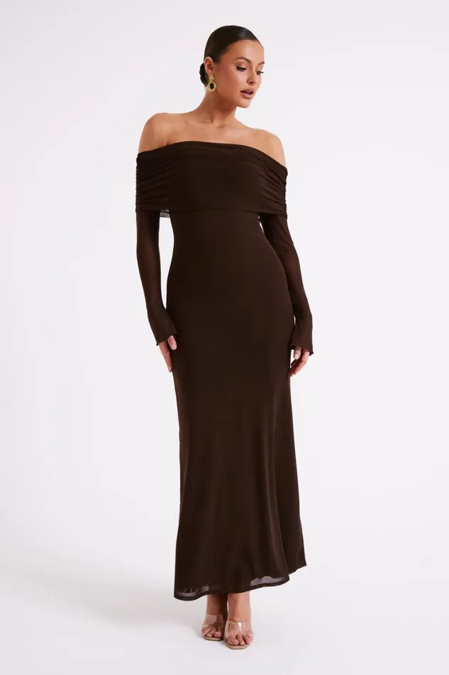 Women Meshki Dresses Josie Off Shoulder Mesh Maxi Dress 8211 Dark Brown