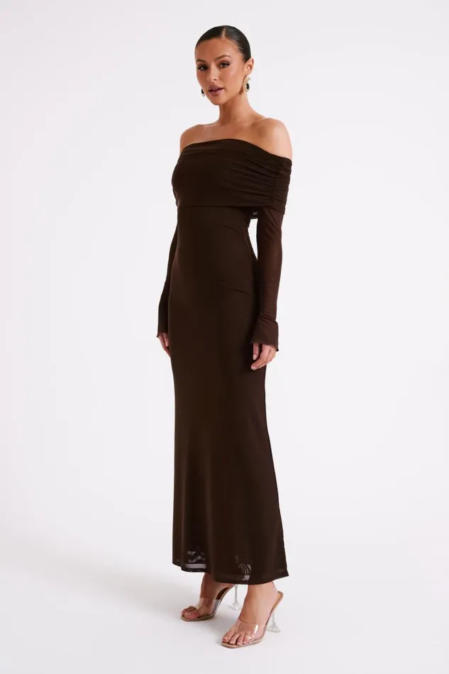 Women Meshki Dresses Josie Off Shoulder Mesh Maxi Dress 8211 Dark Brown