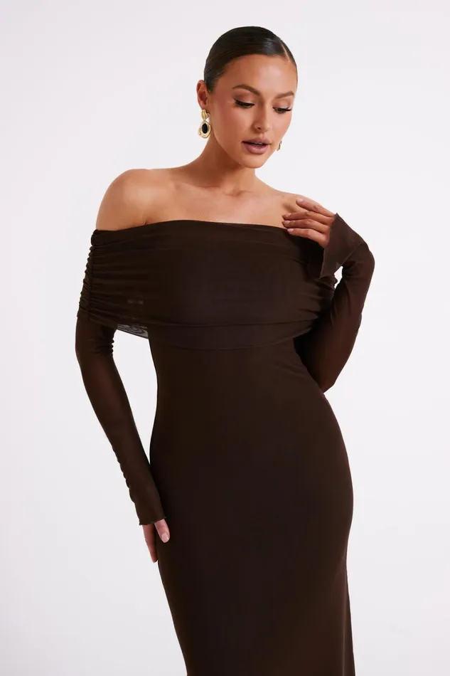 Women Meshki Dresses Josie Off Shoulder Mesh Maxi Dress 8211 Dark Brown