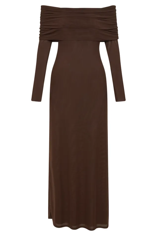 Women Meshki Dresses Josie Off Shoulder Mesh Maxi Dress 8211 Dark Brown