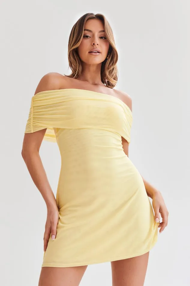 Women Meshki Dresses Josie Off Shoulder Mesh Mini Dress 8211 Lemon