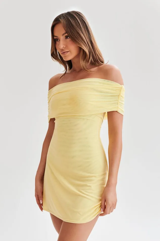 Women Meshki Dresses Josie Off Shoulder Mesh Mini Dress 8211 Lemon