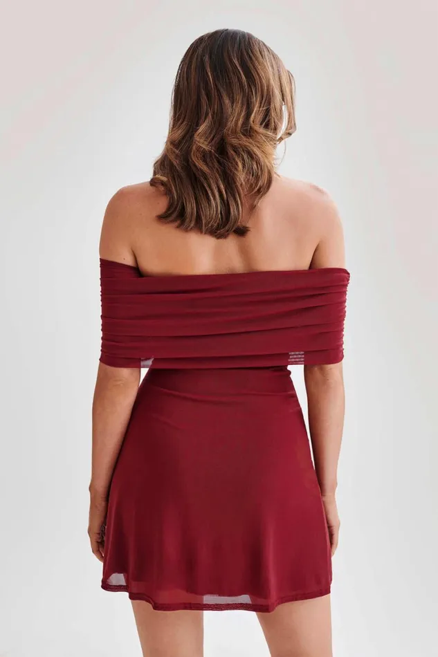 Women Meshki Dresses Josie Off Shoulder Mesh Mini Dress 8211 Wine