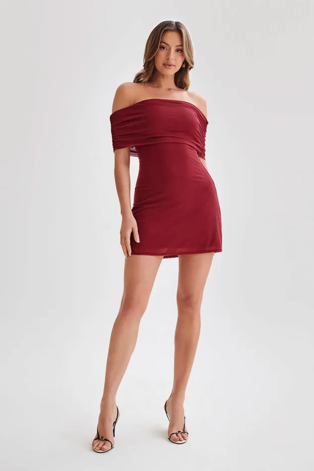 Women Meshki Dresses Josie Off Shoulder Mesh Mini Dress 8211 Wine