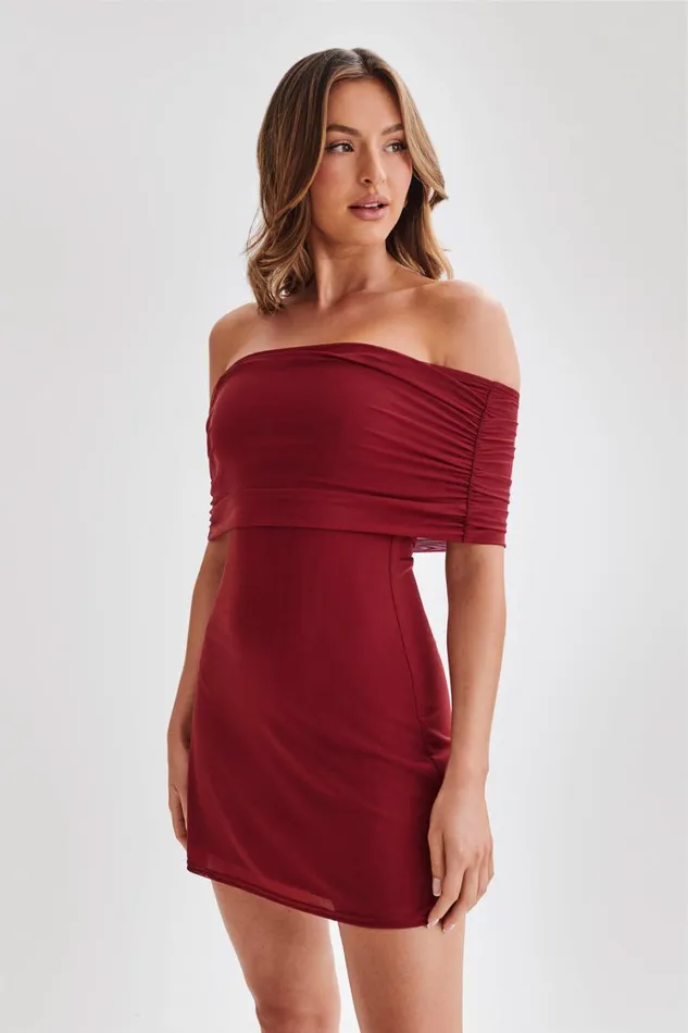 Women Meshki Dresses Josie Off Shoulder Mesh Mini Dress 8211 Wine