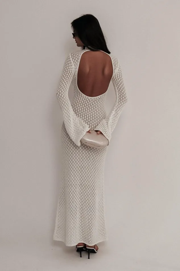 Women Meshki Dresses Julia Crochet Open Back Maxi Dress 8211 White