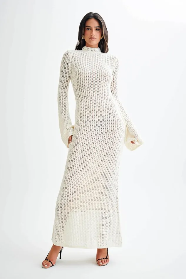 Women Meshki Dresses Julia Crochet Open Back Maxi Dress 8211 White