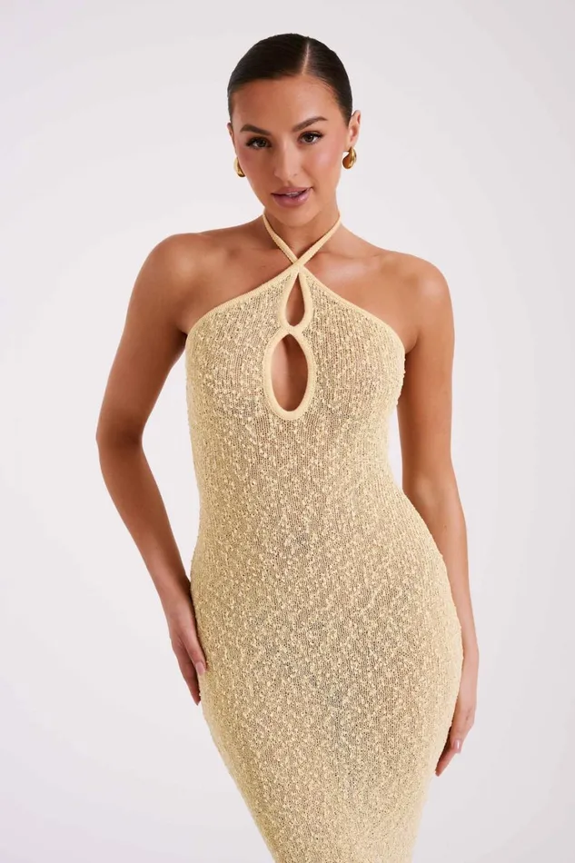 Women Meshki Dresses Kahali Boucle Halter Midi Dress 8211 Butter