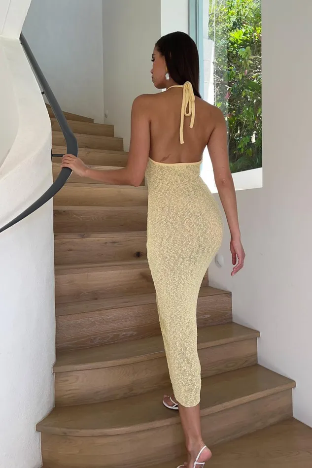 Women Meshki Dresses Kahali Boucle Halter Midi Dress 8211 Butter
