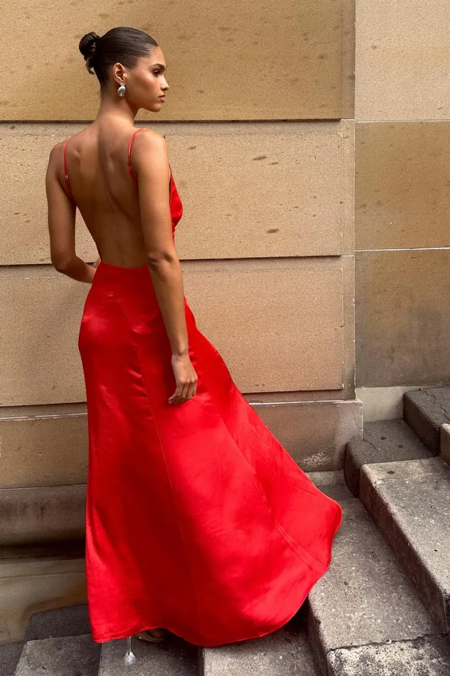 Women Meshki Dresses Kamala Low Back Satin Maxi Dress 8211 Red