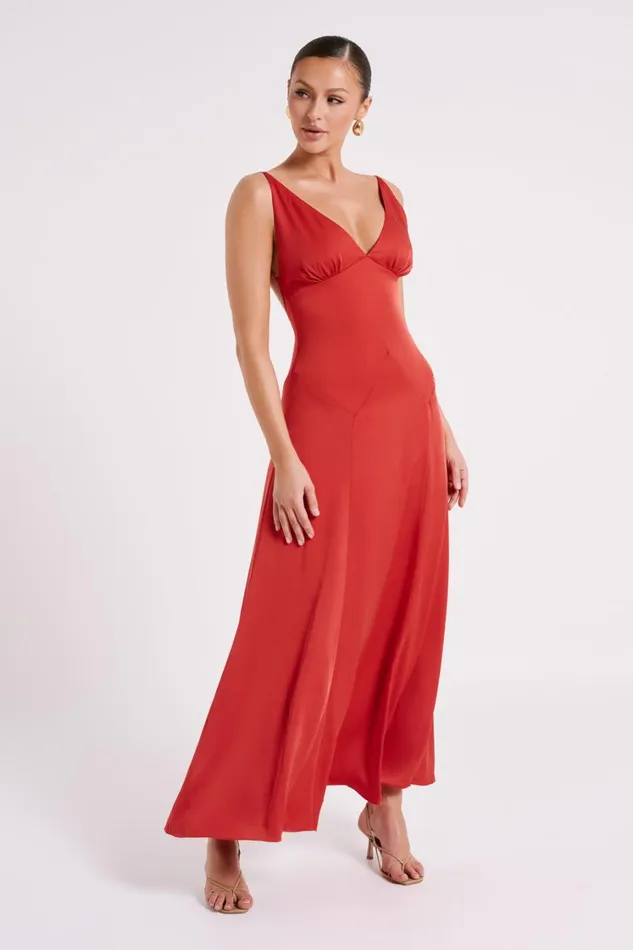 Women Meshki Dresses Kamala Low Back Satin Maxi Dress 8211 Red