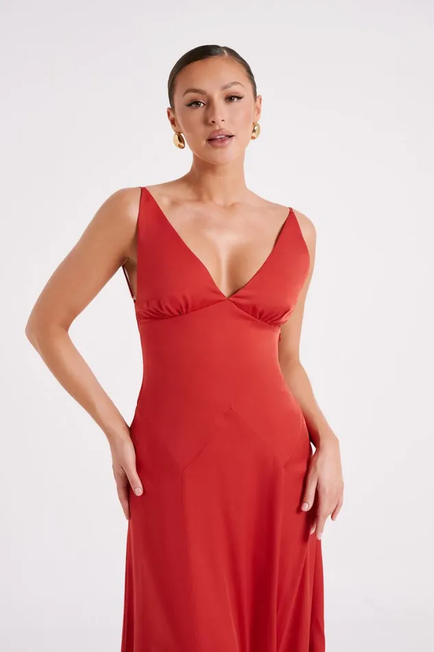 Women Meshki Dresses Kamala Low Back Satin Maxi Dress 8211 Red