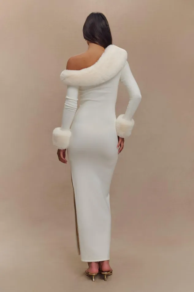 Women Meshki Dresses Karleigh Faux Fur Knit Maxi Dress 8211 Ivory