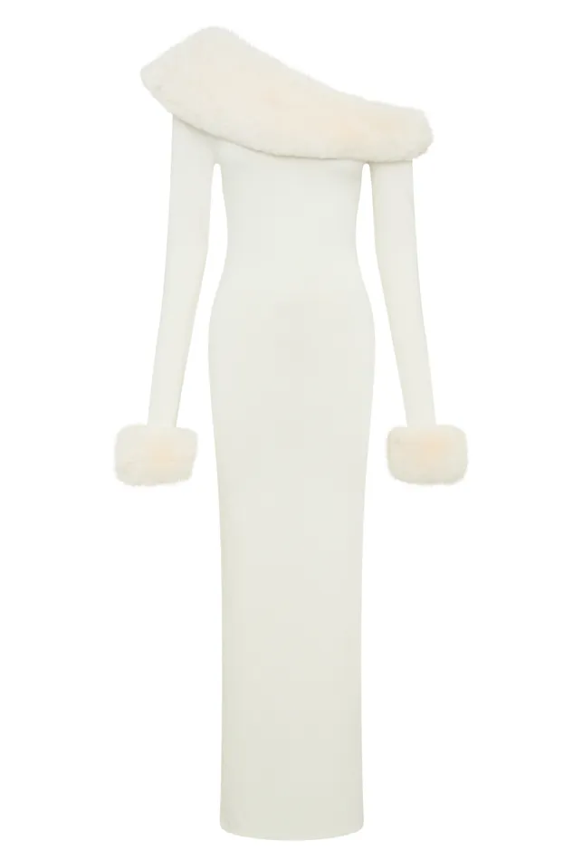 Women Meshki Dresses Karleigh Faux Fur Knit Maxi Dress 8211 Ivory