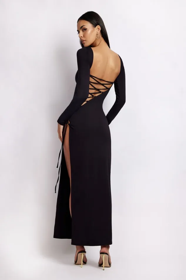 Women Meshki Dresses Kathryn Recycled Nylon Lace Up Maxi Dress 8211 Black