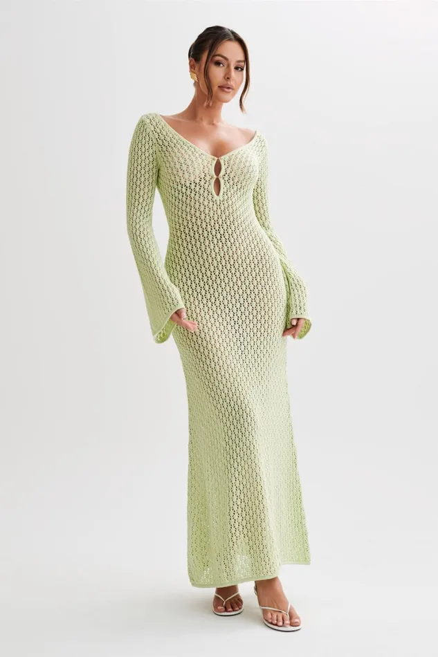 Women Meshki Dresses Kayleigh Crochet Fishtail Flare Sleeve Maxi Dress 8211 Seafoam Green