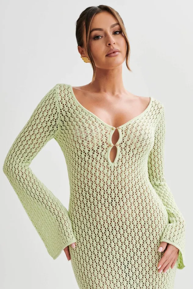Women Meshki Dresses Kayleigh Crochet Fishtail Flare Sleeve Maxi Dress 8211 Seafoam Green