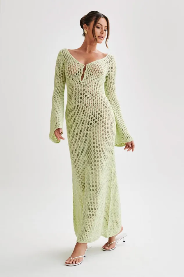 Women Meshki Dresses Kayleigh Crochet Fishtail Flare Sleeve Maxi Dress 8211 Seafoam Green