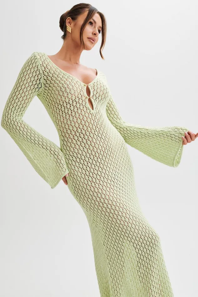 Women Meshki Dresses Kayleigh Crochet Fishtail Flare Sleeve Maxi Dress 8211 Seafoam Green