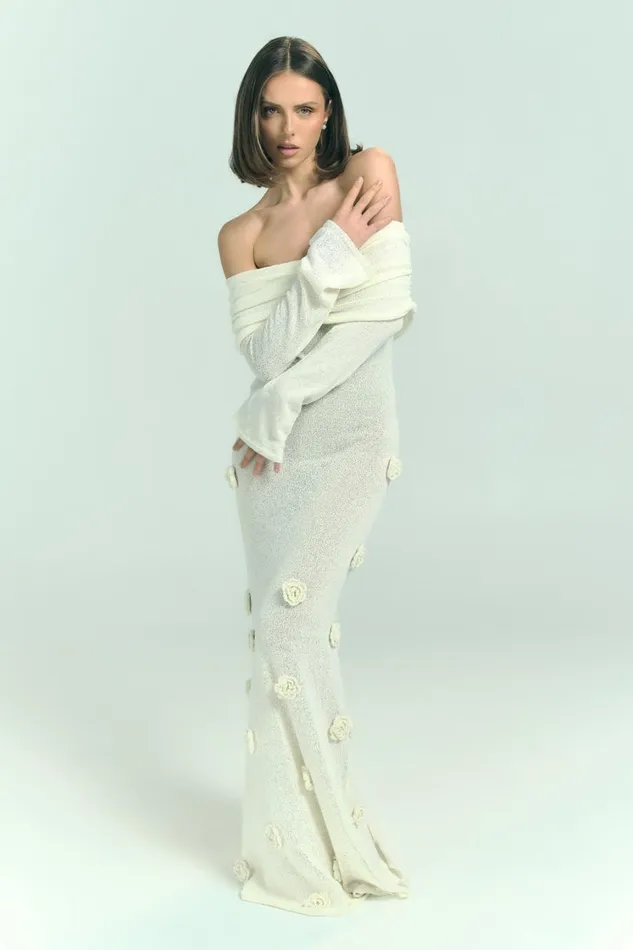 Women Meshki Dresses Kiki Off Shoulder Knit Rose Maxi Dress 8211 Ivory