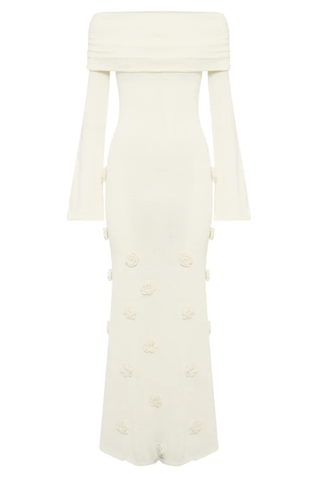 Women Meshki Dresses Kiki Off Shoulder Knit Rose Maxi Dress 8211 Ivory
