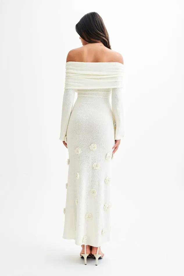 Women Meshki Dresses Kiki Off Shoulder Knit Rose Maxi Dress 8211 Ivory
