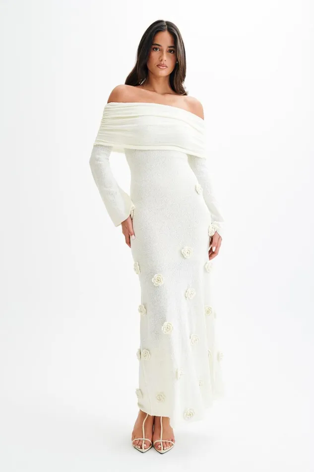 Women Meshki Dresses Kiki Off Shoulder Knit Rose Maxi Dress 8211 Ivory