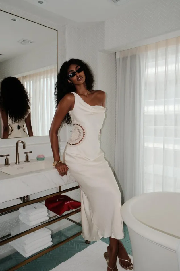 Women Meshki Dresses Kristina Satin Maxi Dress With Crochet 8211 Ivory