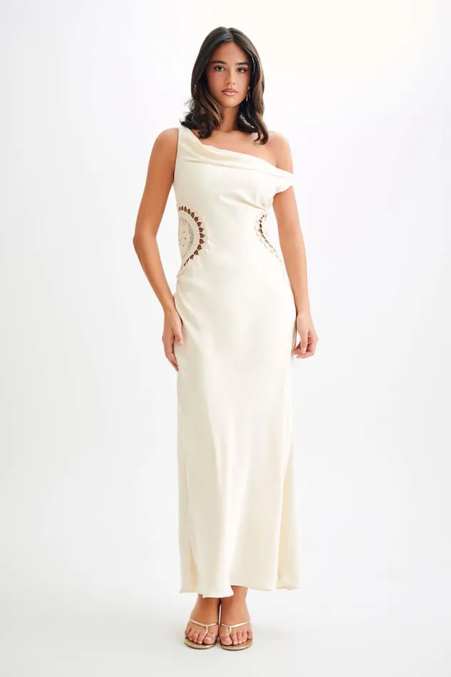 Women Meshki Dresses Kristina Satin Maxi Dress With Crochet 8211 Ivory