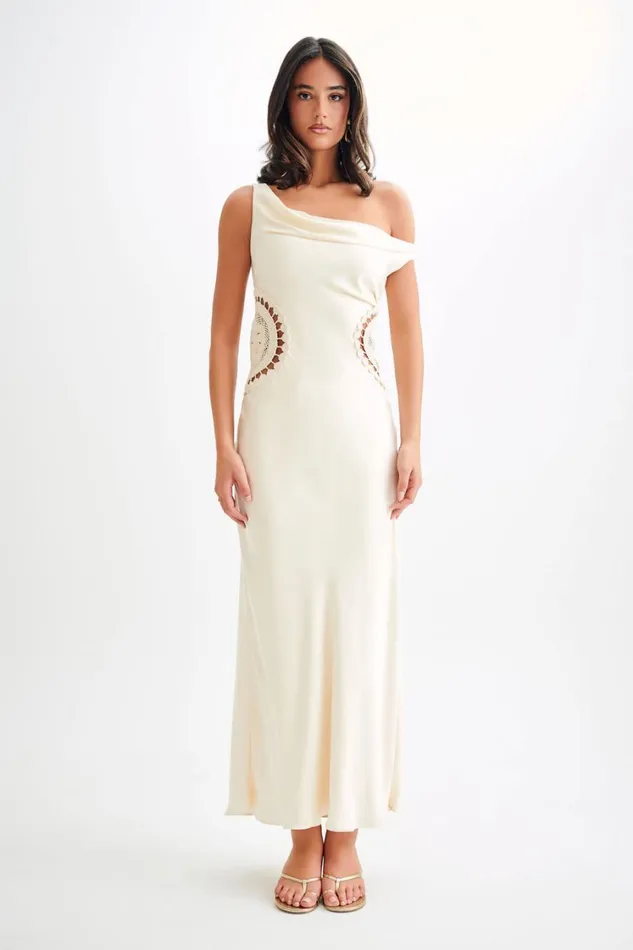 Women Meshki Dresses Kristina Satin Maxi Dress With Crochet 8211 Ivory