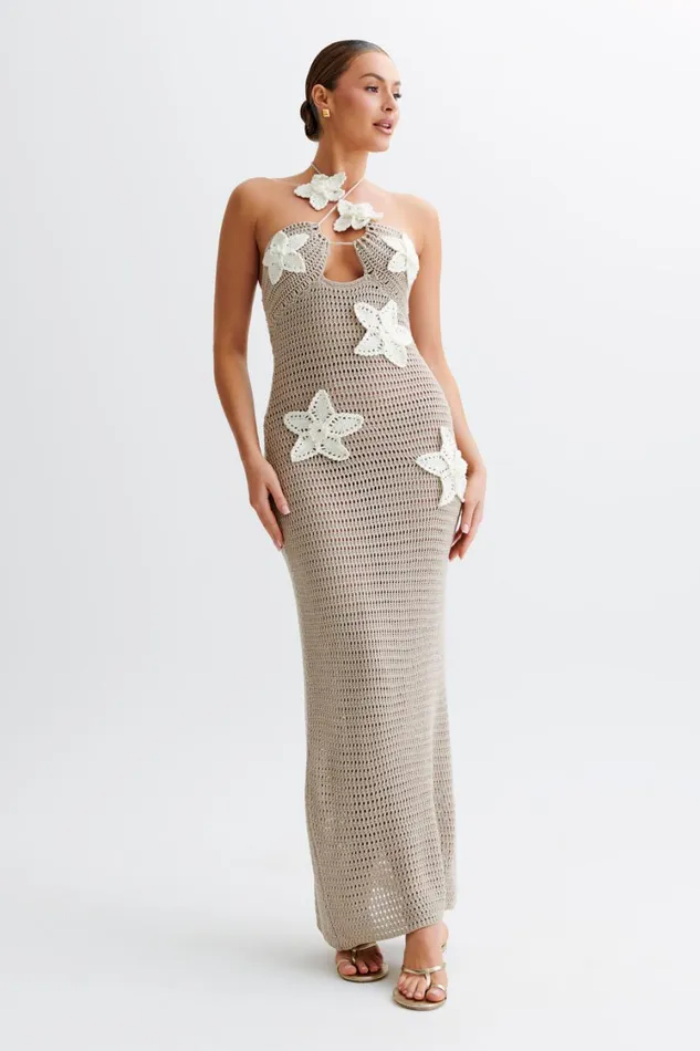Women Meshki Dresses Kyla Floral Crochet Maxi Dress 8211 TaupeWhite